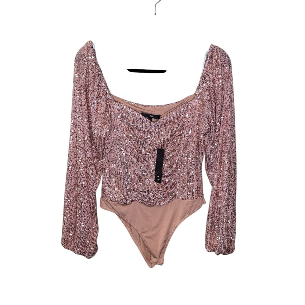 NWT NEW Lulu's Pink Sequin Long Sleeve Bodysuit in Pink Large L